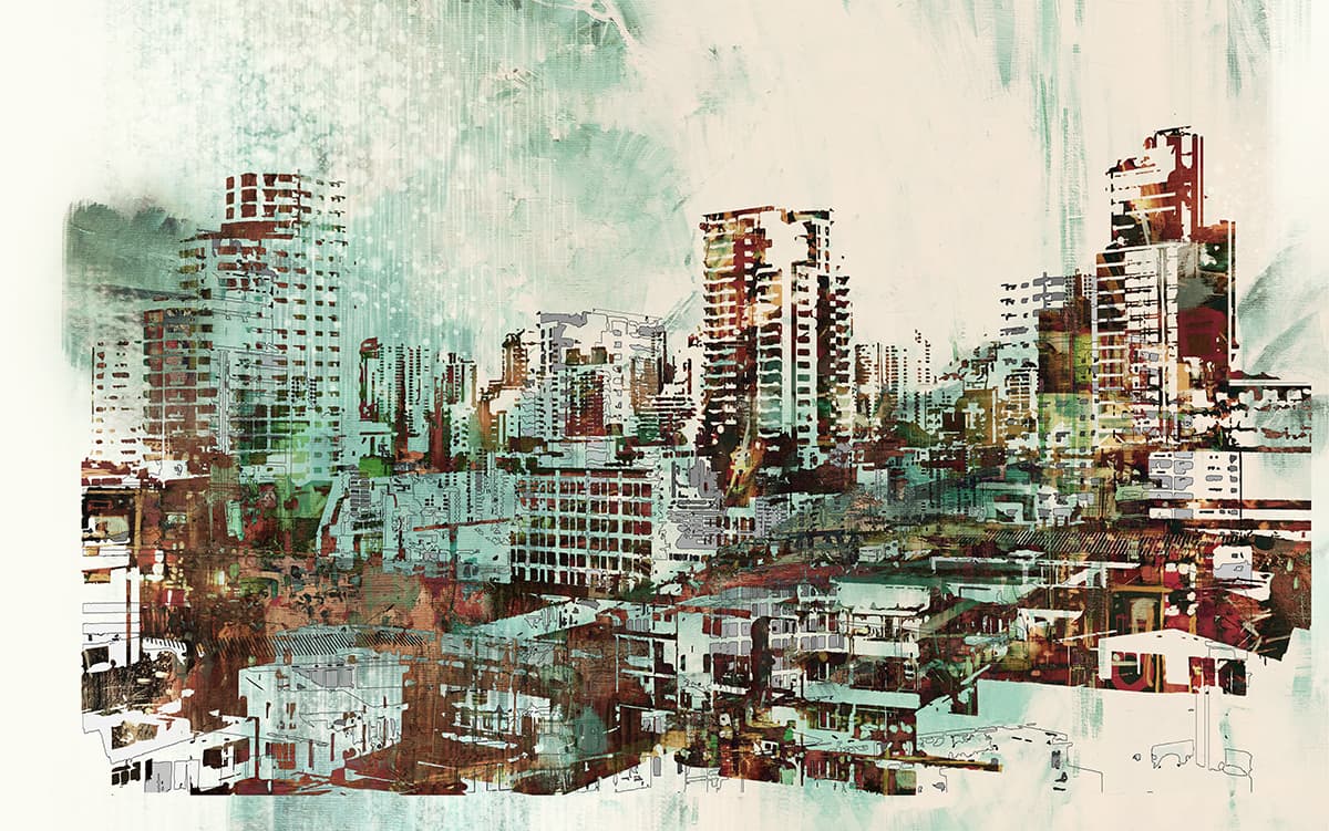 Urban skyline with bridge connecting cityscape view wallpaper pattern detail