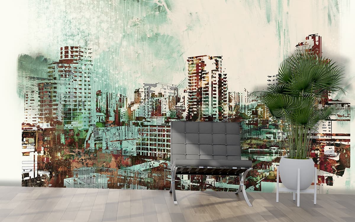 Urban skyline with bridge connecting cityscape view wallpaper shown in a room
