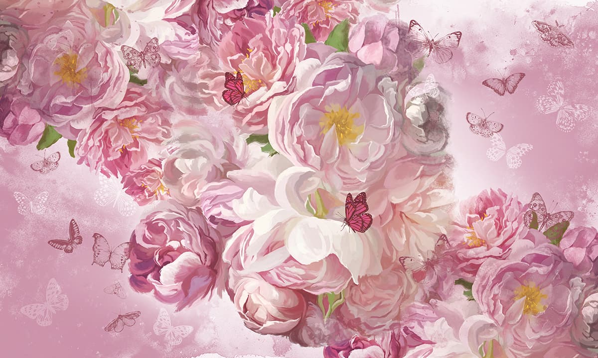 Stylish Floral Butterflies Pink White Wall Wallpaper pattern detail