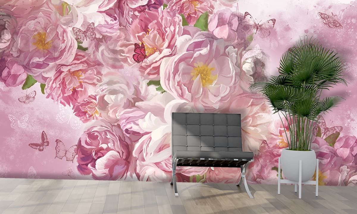 Stylish Floral Butterflies Pink White Wall Wallpaper shown in a room