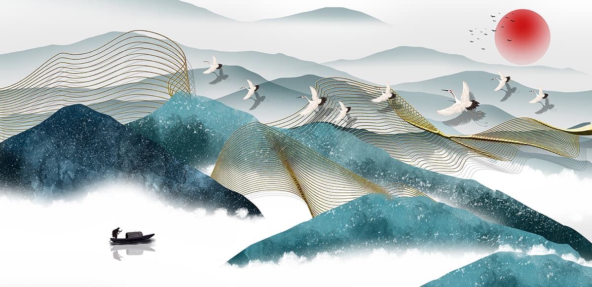 Birds flying over mountains pattern detail