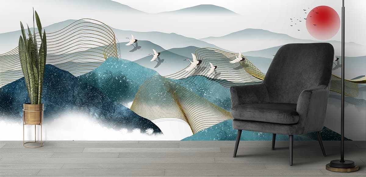 Birds flying over mountains shown in a room