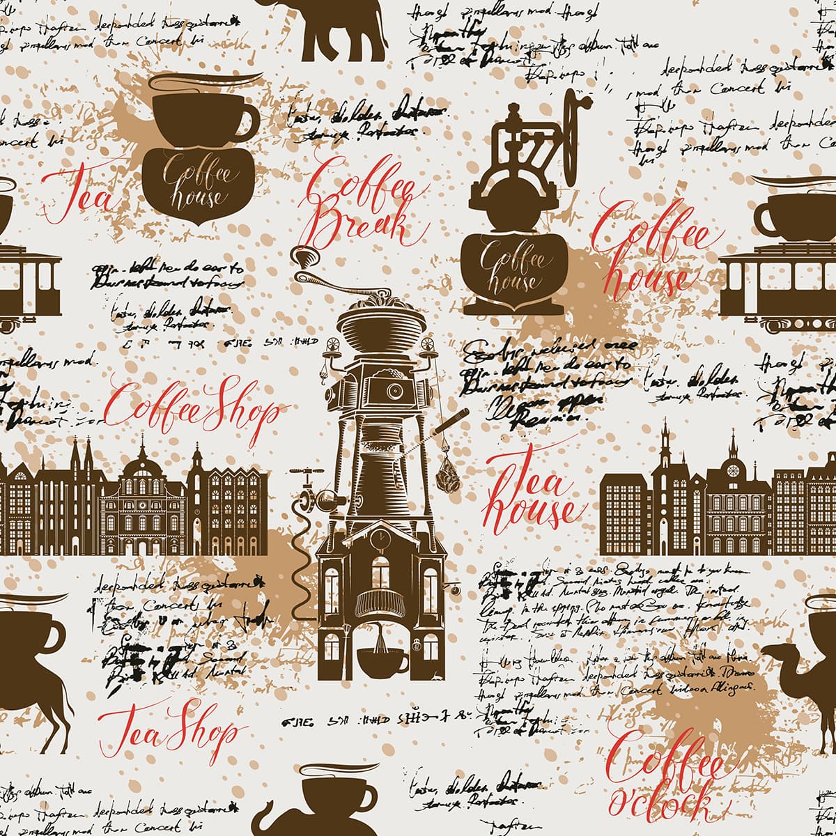 Vintage Restaurant and Cafe Wallpaper With Pattern of Coffee and Tea pattern detail