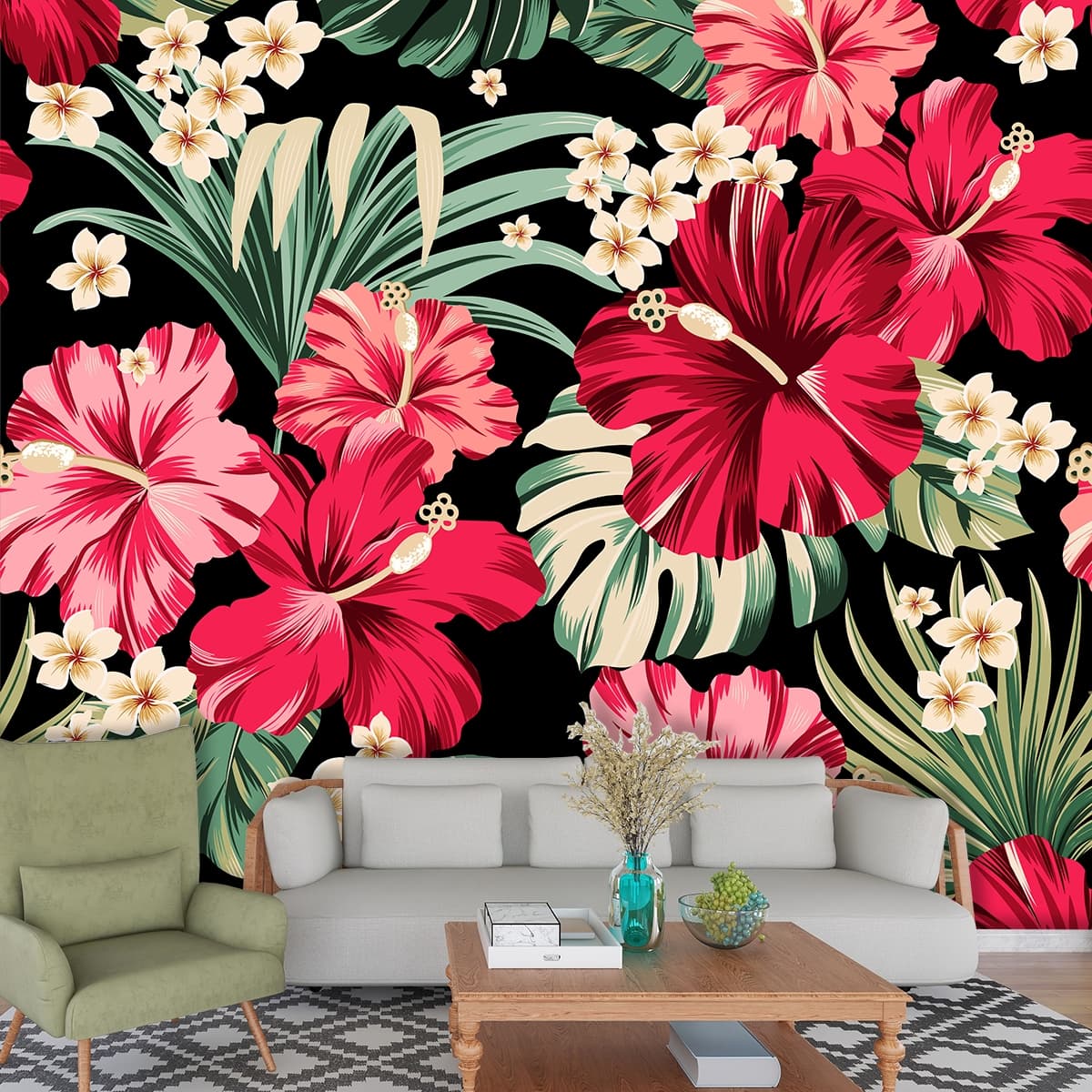 3D Exotic Colorful Flowers Wallpaper for Wall shown in a room