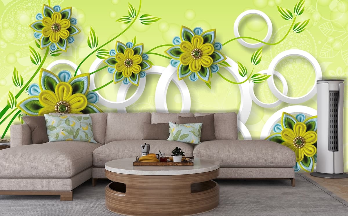 A wallpaper with flowers and rings shown in a room