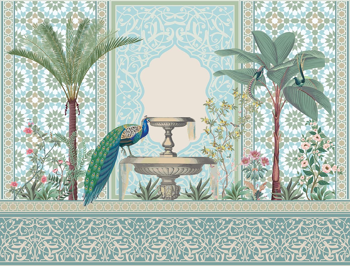 Peacock Wallpaper, A peacock drinking from a fountain pattern detail