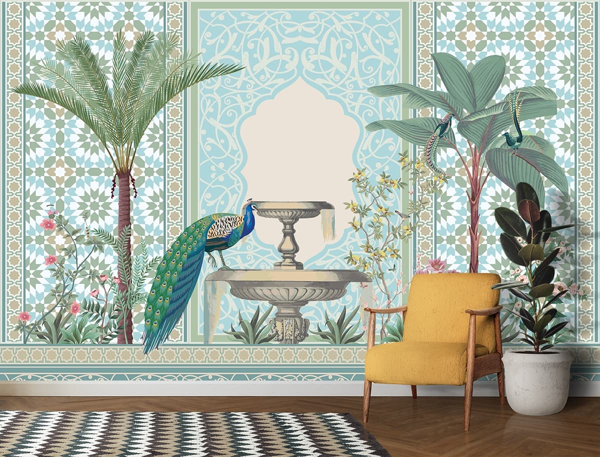 Peacock Wallpaper, A peacock drinking from a fountain shown in a room