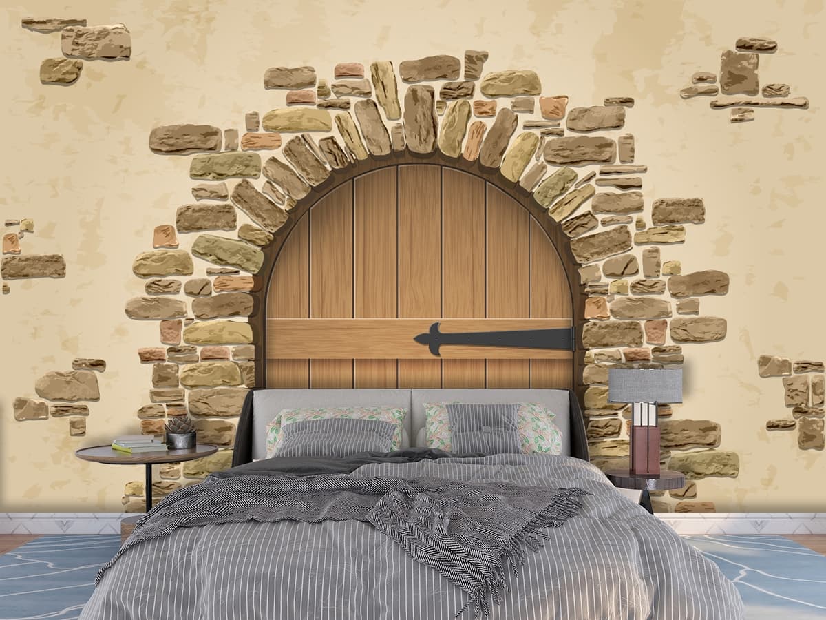 Rustic Wooden Door Stone Wall Design Wallpaper shown in a room