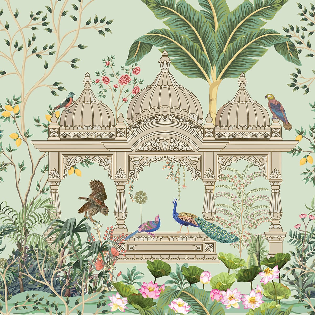 Elegant Birds and Trees Decorative Wallpaper pattern detail