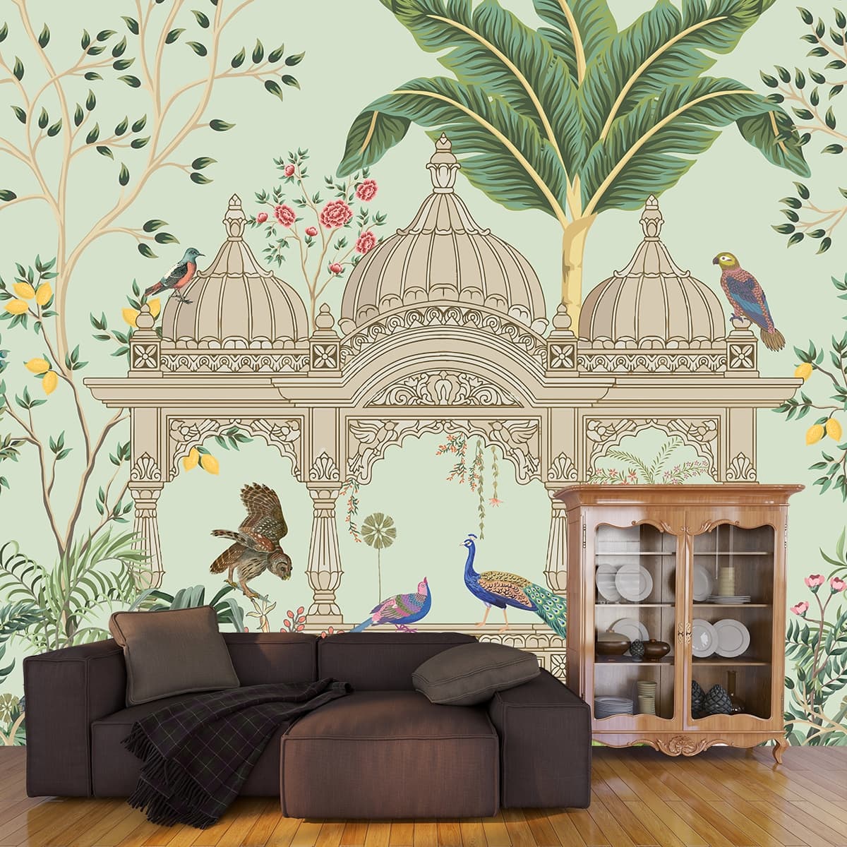 Elegant Birds and Trees Decorative Wallpaper shown in a room