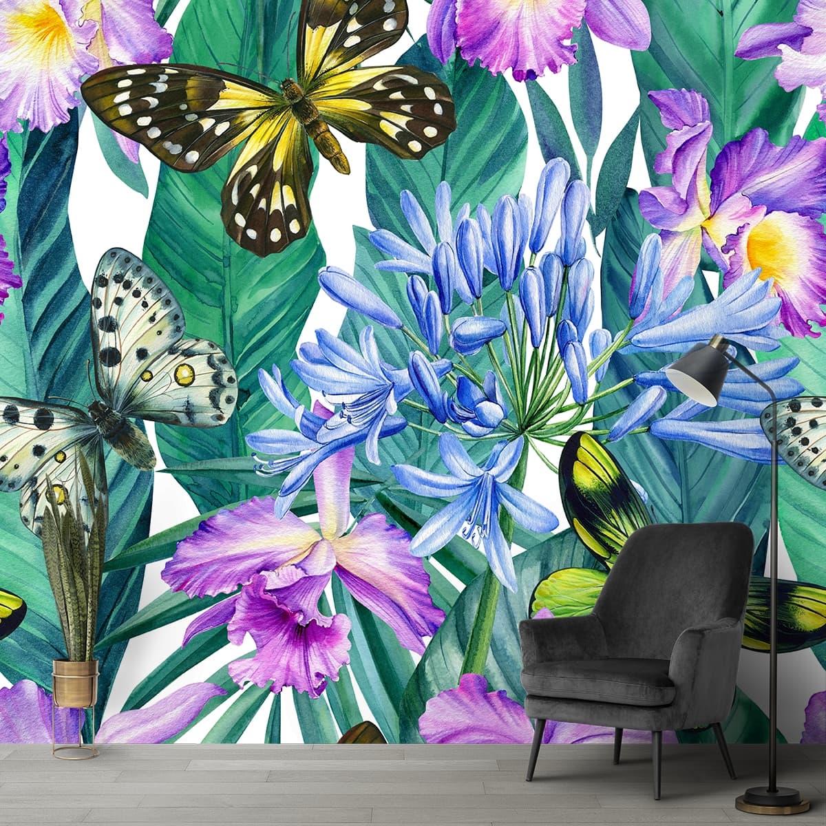 Colorful Butterflies Botanical Landscape wallpaper shown in a room