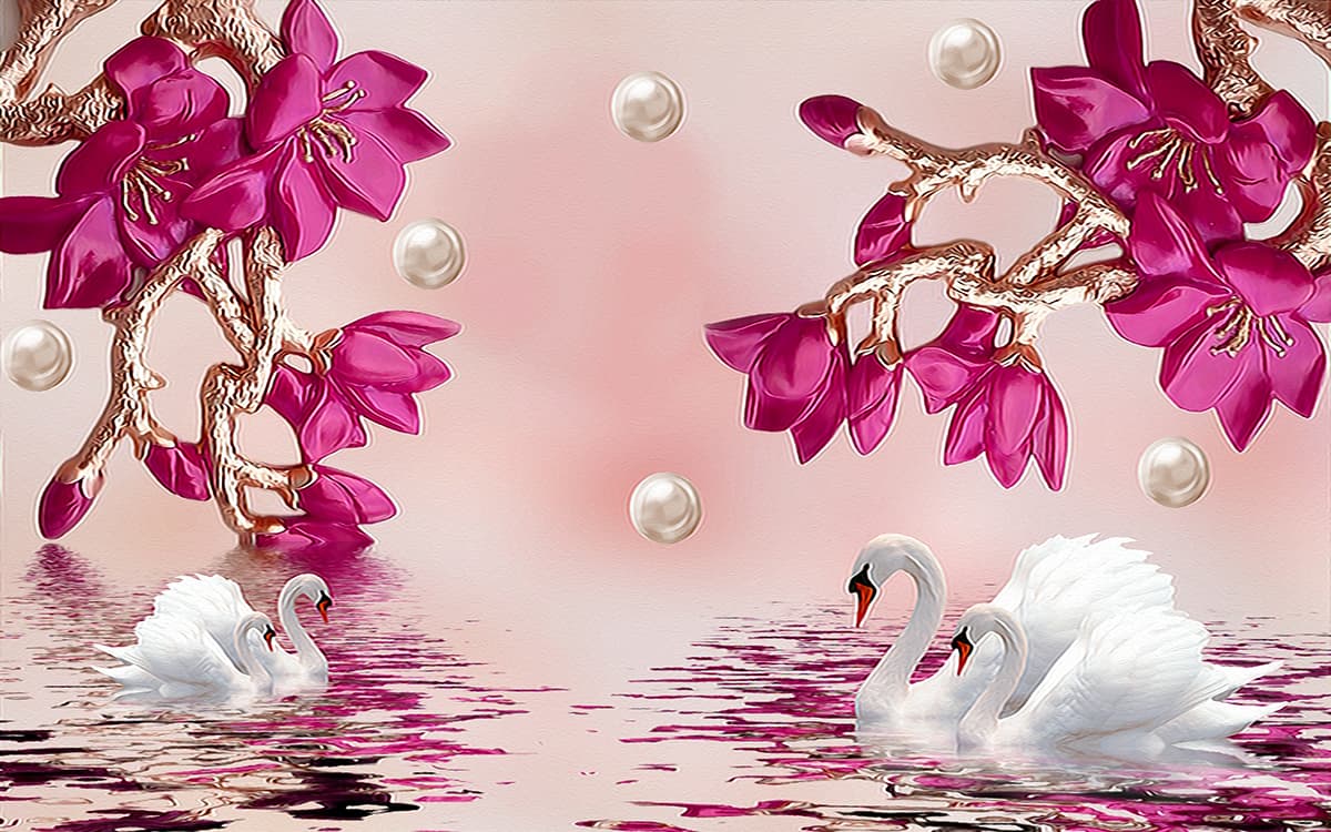 Swans swimming in water with pink flowers pattern detail