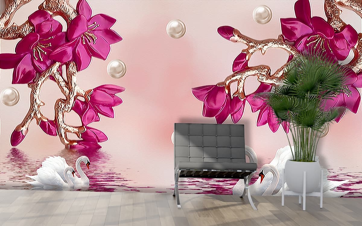Swans swimming in water with pink flowers shown in a room