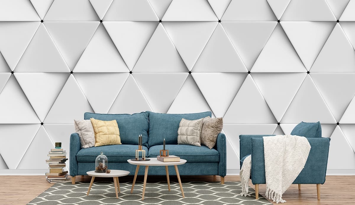 Geometric White Triangle Pattern Wallpaper shown in a room