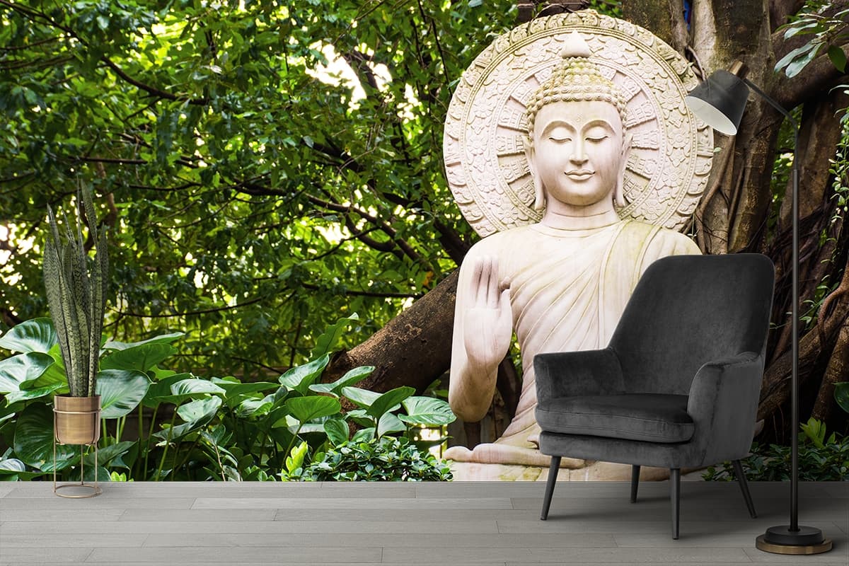 Elegant Buddha Statue Lotus Position Calm Wallpaper shown in a room