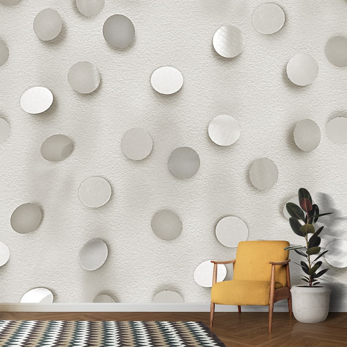 Elegant White & Grey Polka Dot Pattern Wallpaper shown in a room