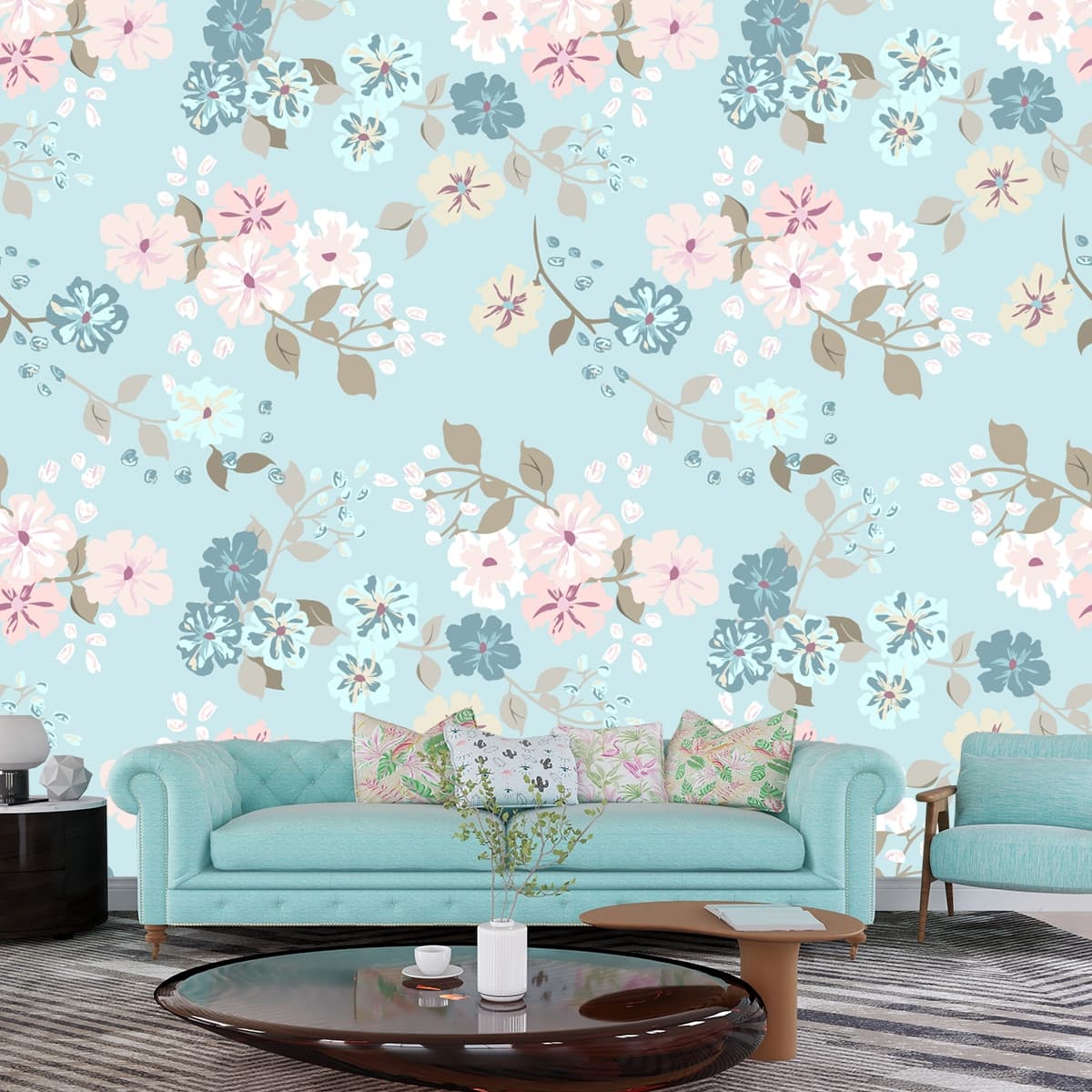 Blue Petal Paradise Wallpaper shown in a room