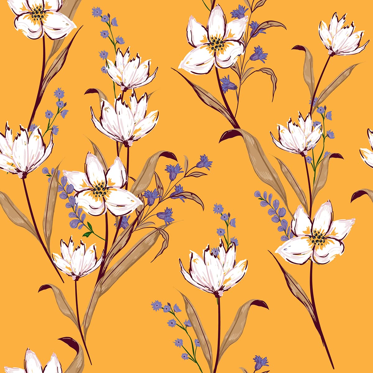Vibrant Yellow Wallpaper with White and Blue Flowers pattern detail