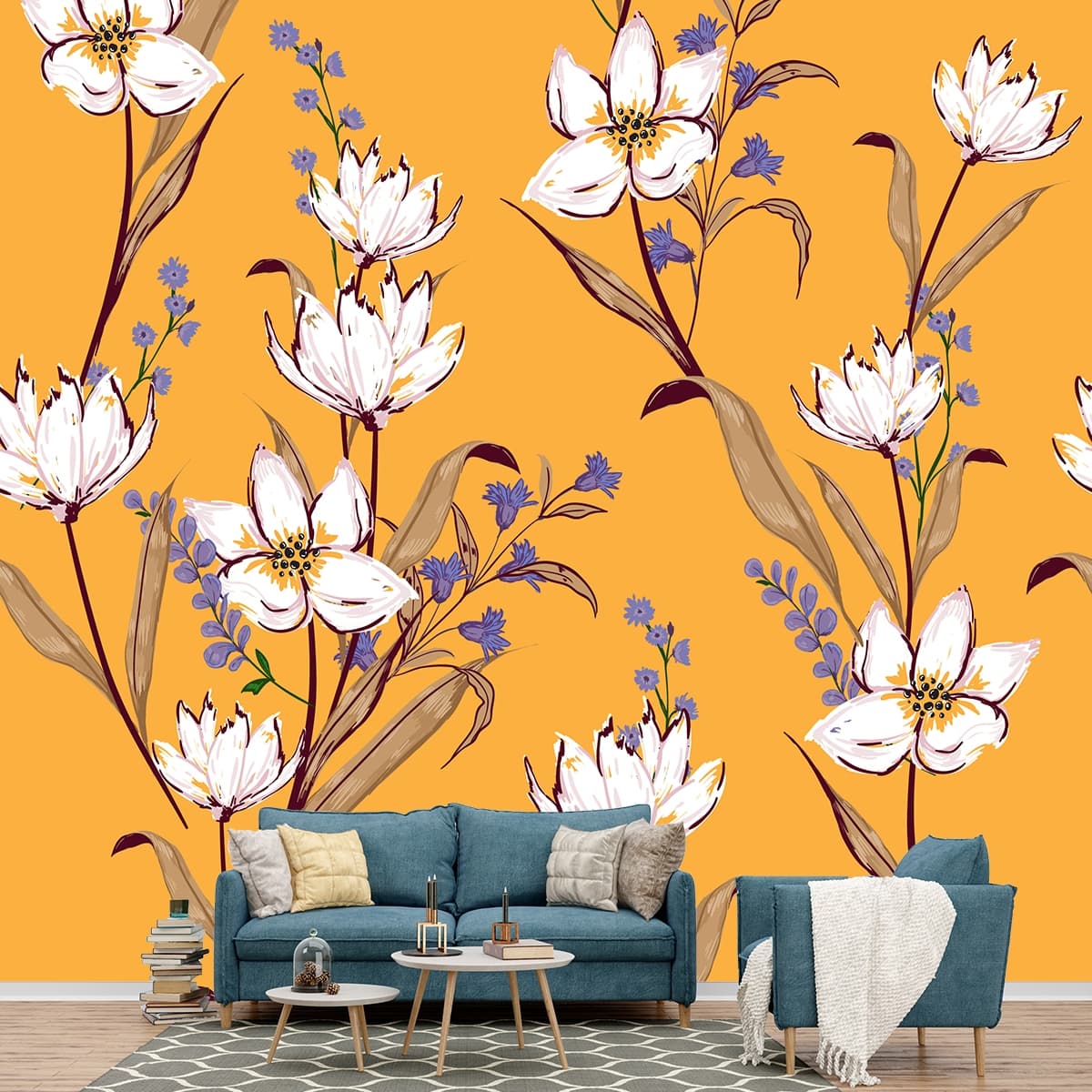 Vibrant Yellow Wallpaper with White and Blue Flowers shown in a room