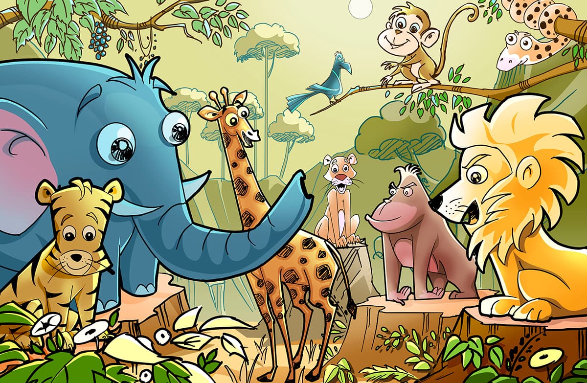 Cute Cartoon Forest Animals Kids Room Wallpaper pattern detail