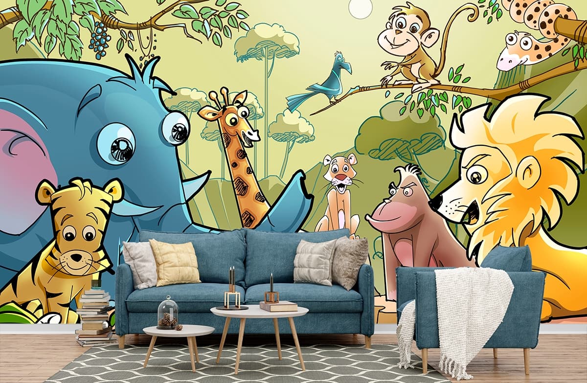 Cute Cartoon Forest Animals Kids Room Wallpaper shown in a room
