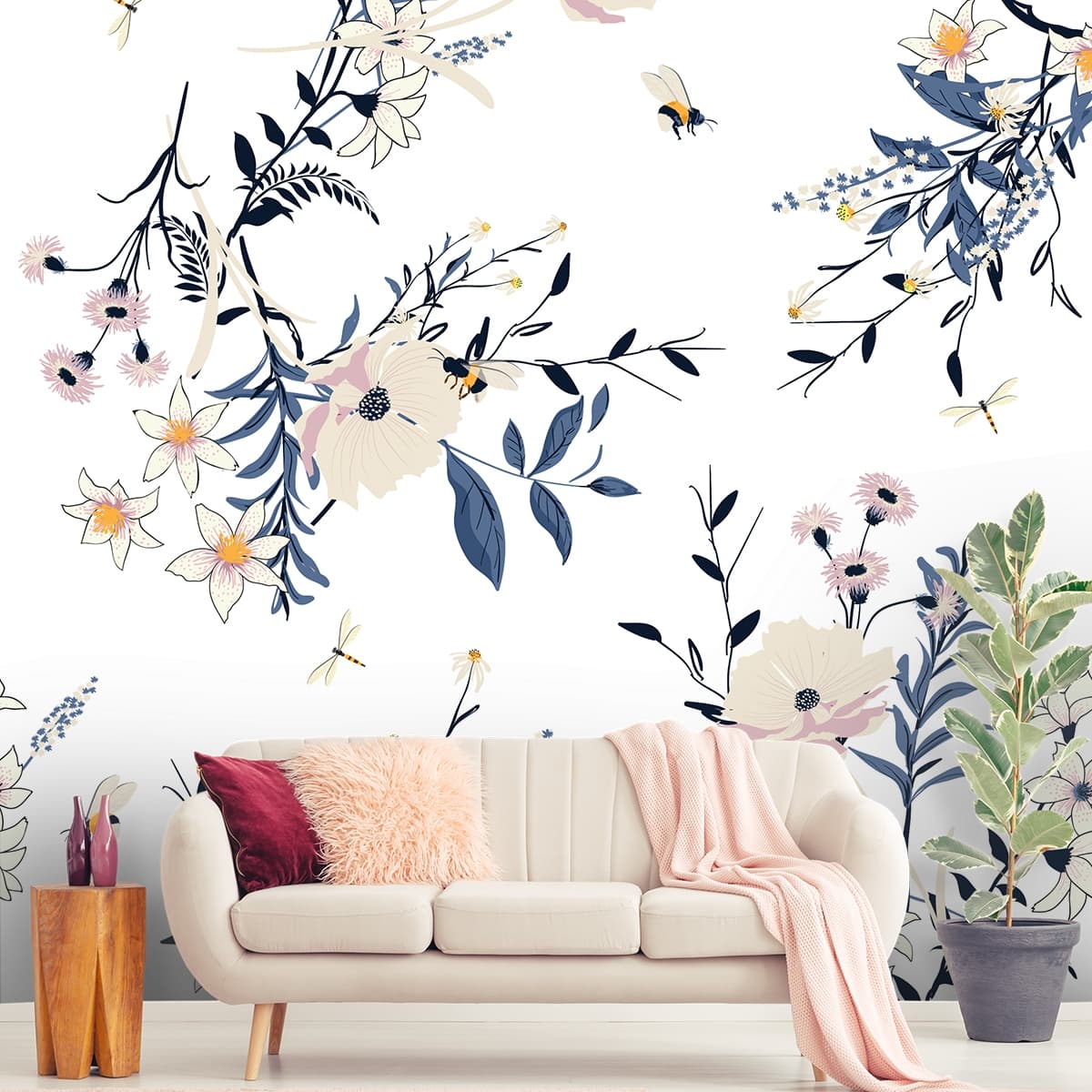 Artistic Flowers Leaves Pattern Style Wallpaper shown in a room