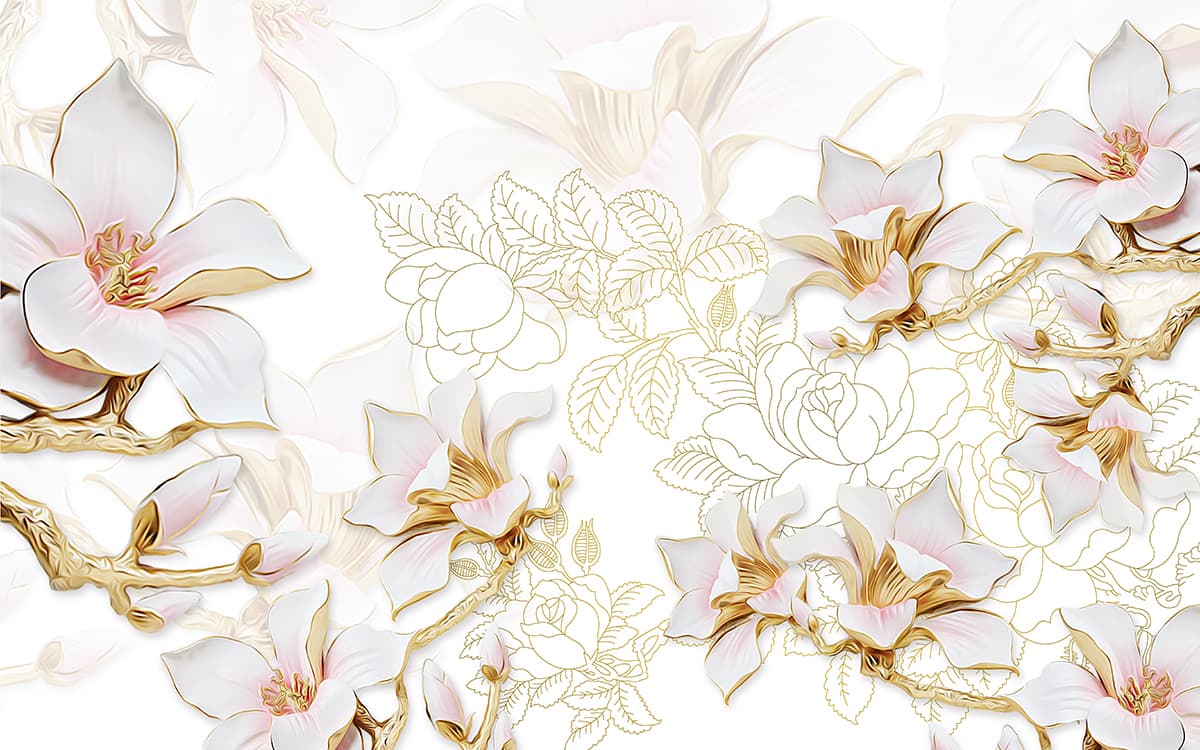 A white flowers with gold outline on a white background pattern detail