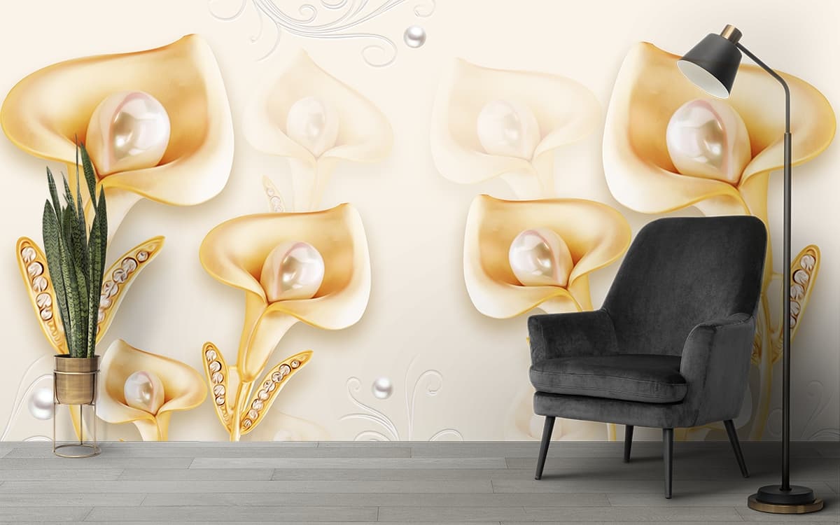 An Abstract Wallpaper of Flowers with Crystals shown in a room