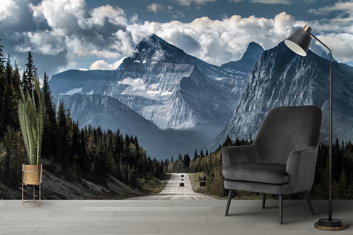 Premium Scenic Path with Forest and Hills Wallpaper shown in a room