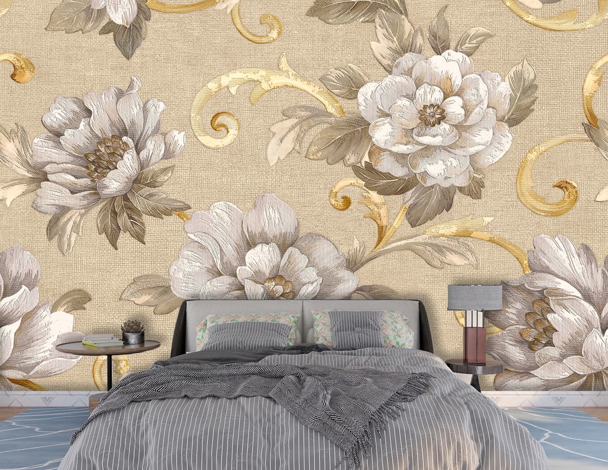 A Wallpaper with Flowers and Leaves shown in a room