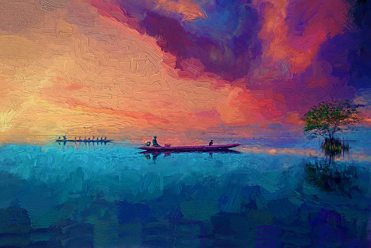 A painting of a boat on a lake pattern detail