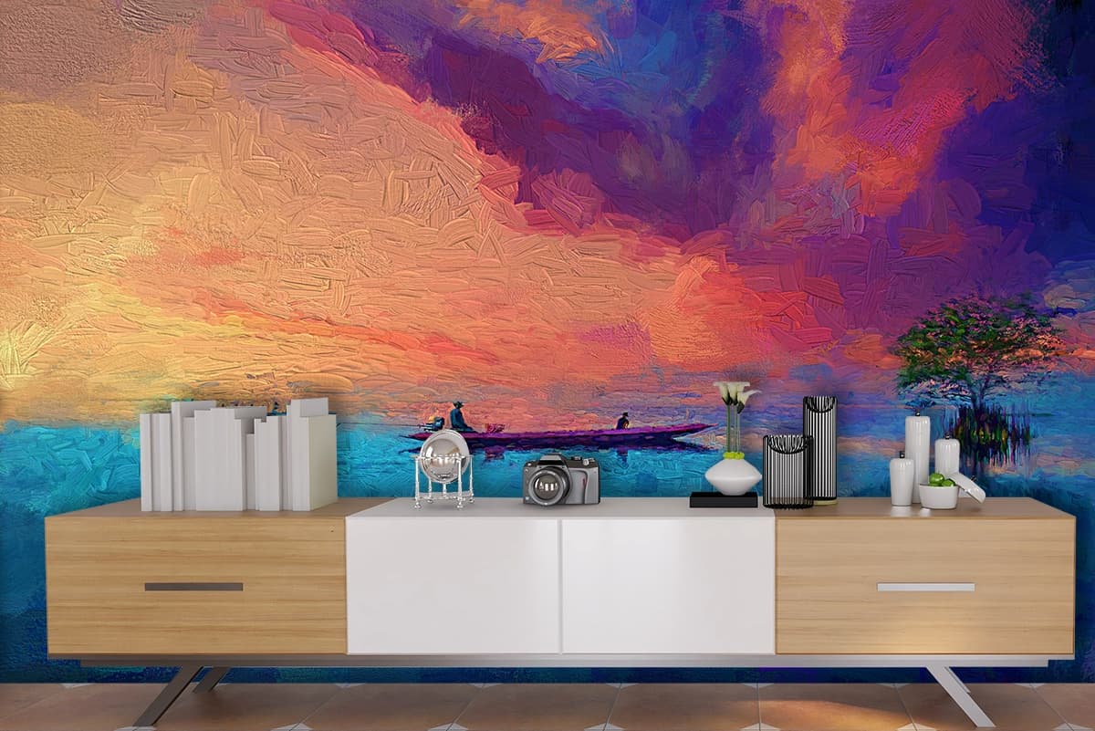 A painting of a boat on a lake shown in a room