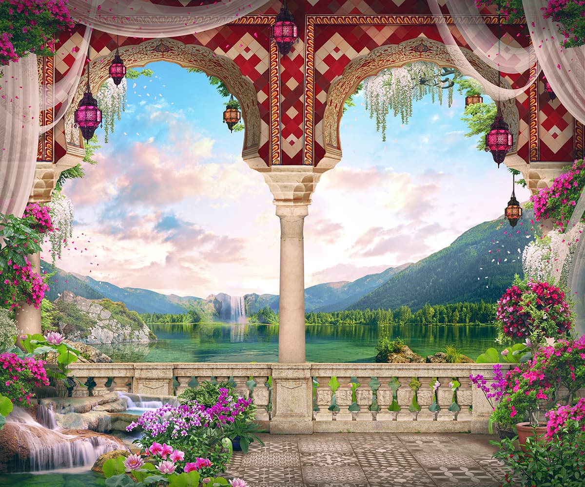 Palace Balcony View of Mountains and Lake Wallpaper pattern detail