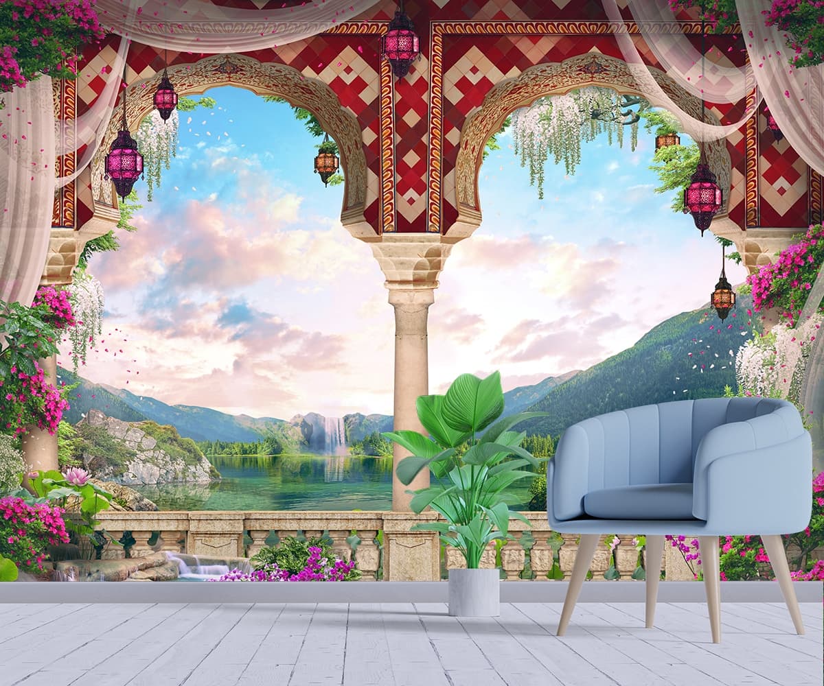 Palace Balcony View of Mountains and Lake Wallpaper shown in a room
