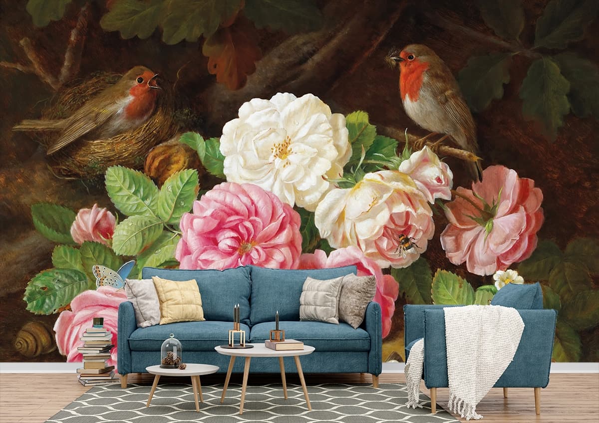 A Painting of Flowers and Birds shown in a room