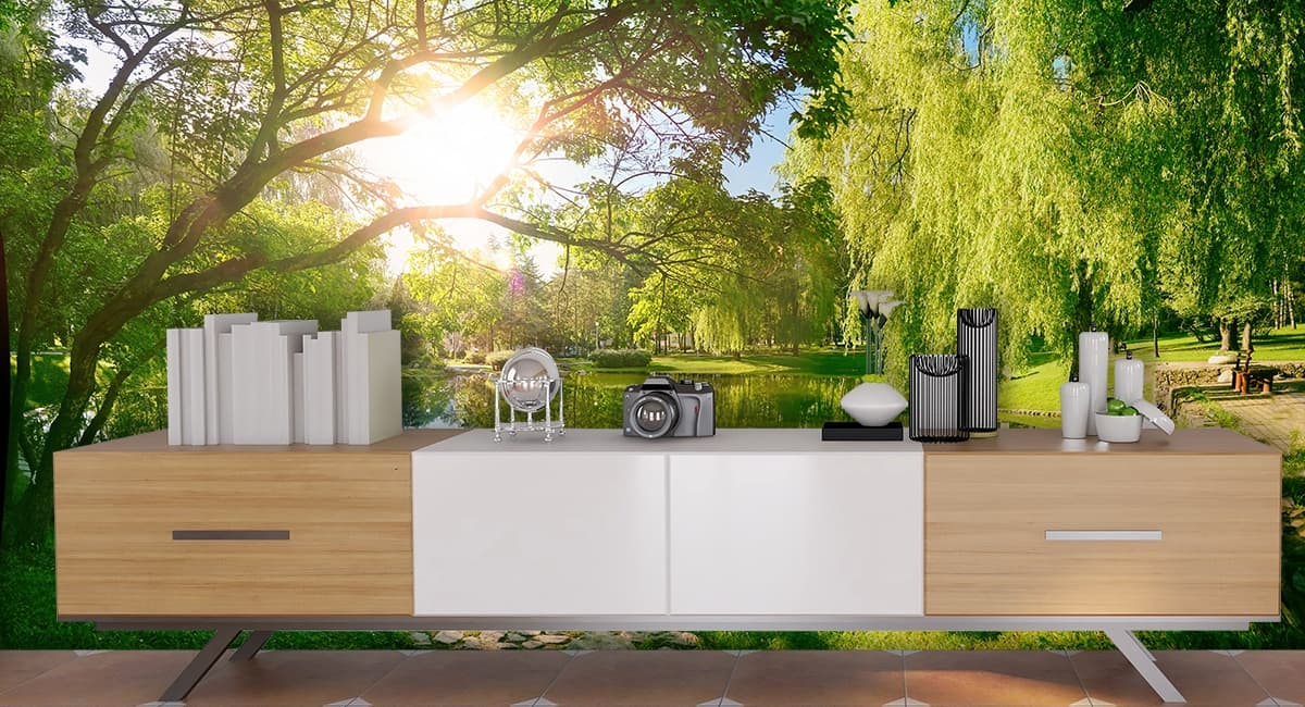 Pond with Trees and Path Scenic Nature Wall Mural Wallpaper shown in a room