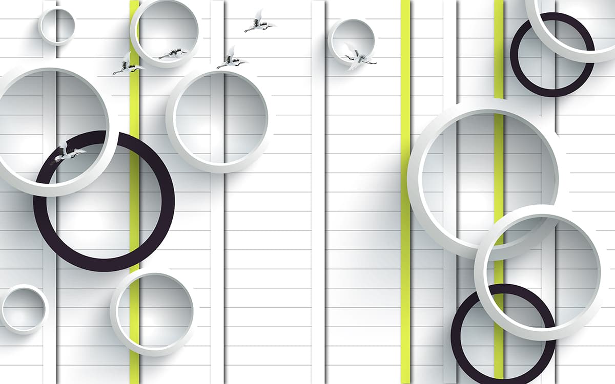White Circles with Flying Birds Abstract Wall Mural Wallpaper pattern detail
