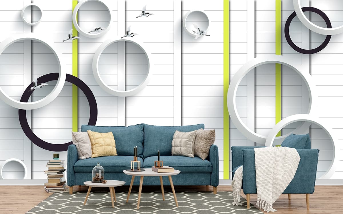 White Circles with Flying Birds Abstract Wall Mural Wallpaper shown in a room