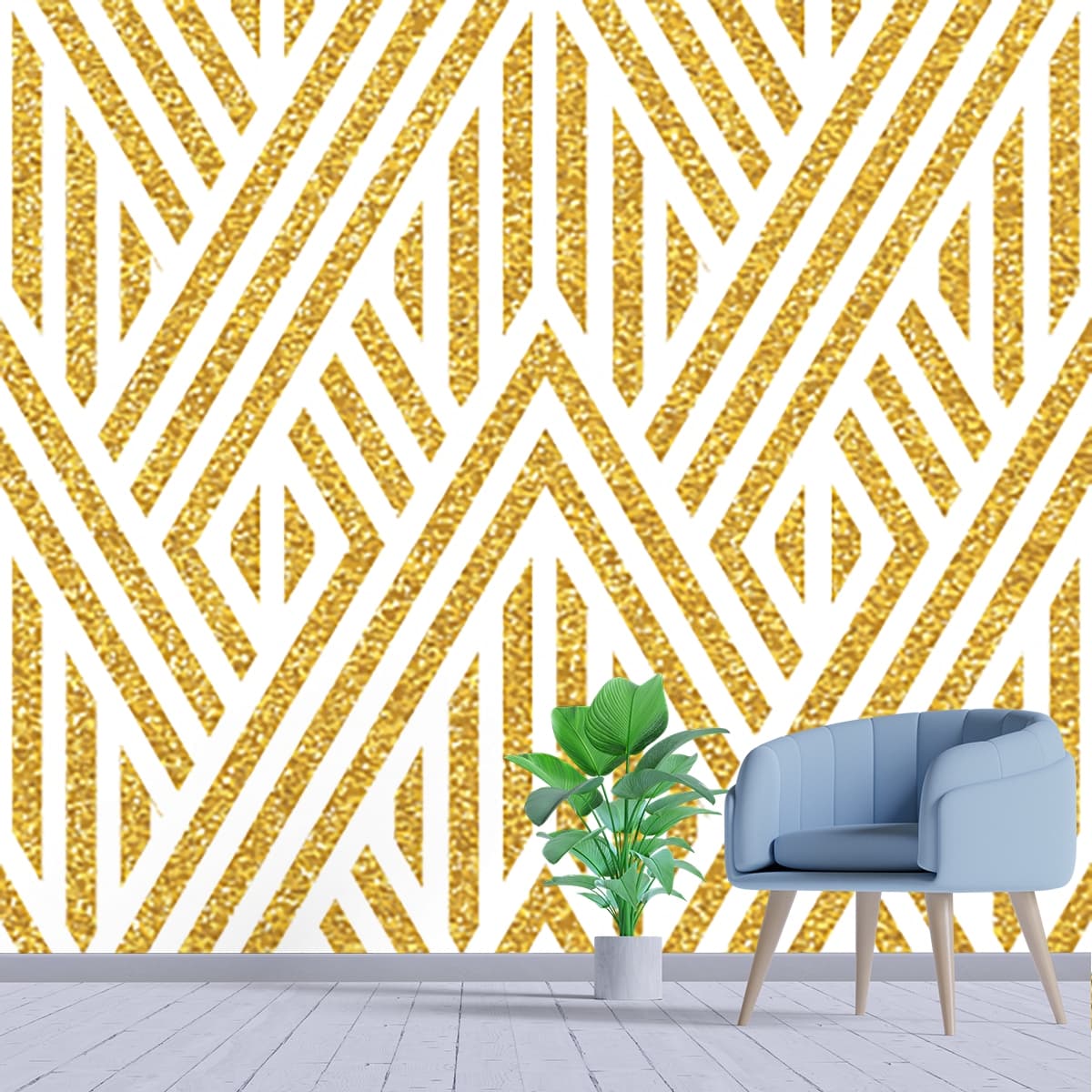 Gold and White Lines Pattern Wallpaper shown in a room