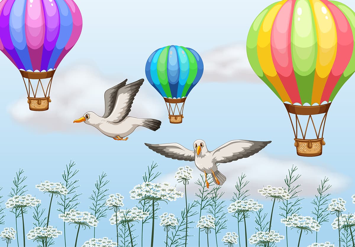 Birds Flying with Hot Air Balloons Dreamy Sky Wallpaper pattern detail