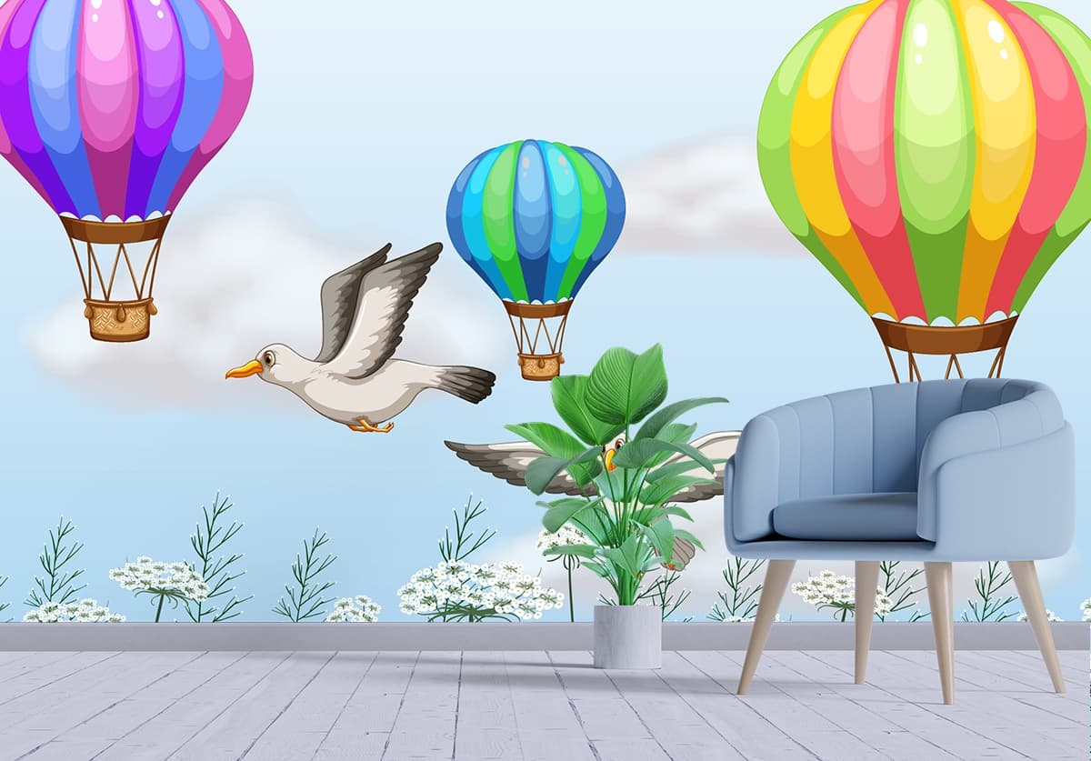 Birds Flying with Hot Air Balloons Dreamy Sky Wallpaper shown in a room