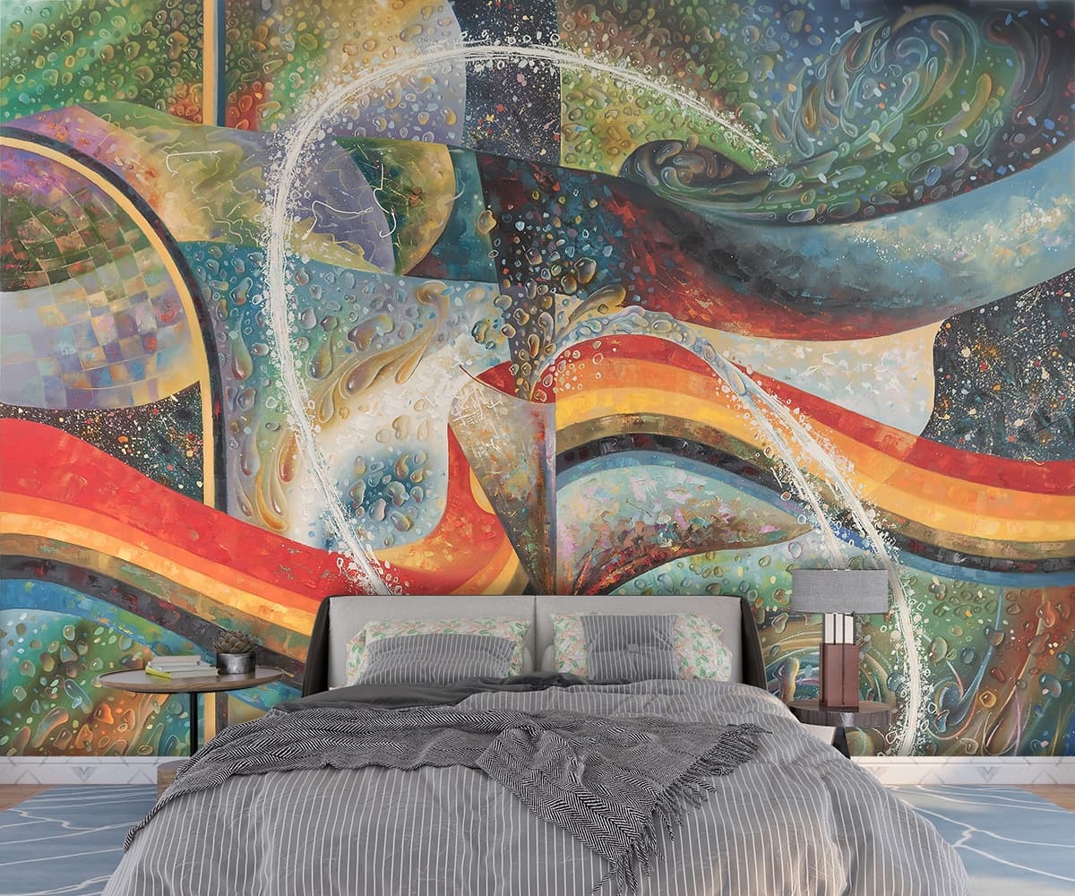 A colorful art piece with swirls shown in a room