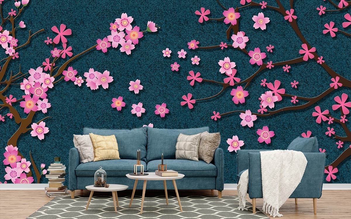 Tree with Pink Flowers Floral Wall Mural Wallpaper shown in a room