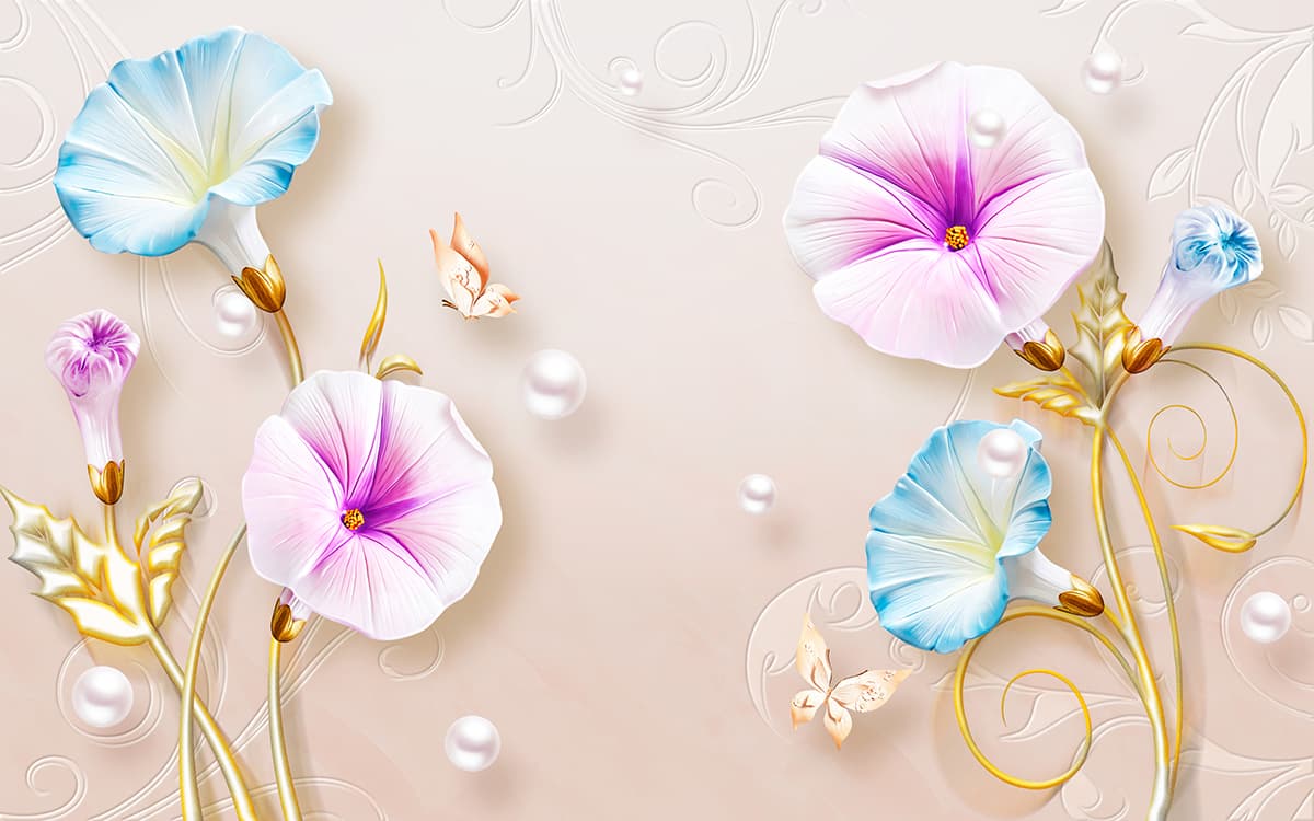 Floral Pattern Blue and White Garden Style Wallpaper pattern detail
