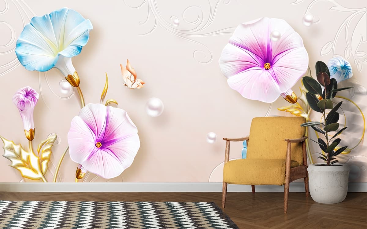 Floral Pattern Blue and White Garden Style Wallpaper shown in a room