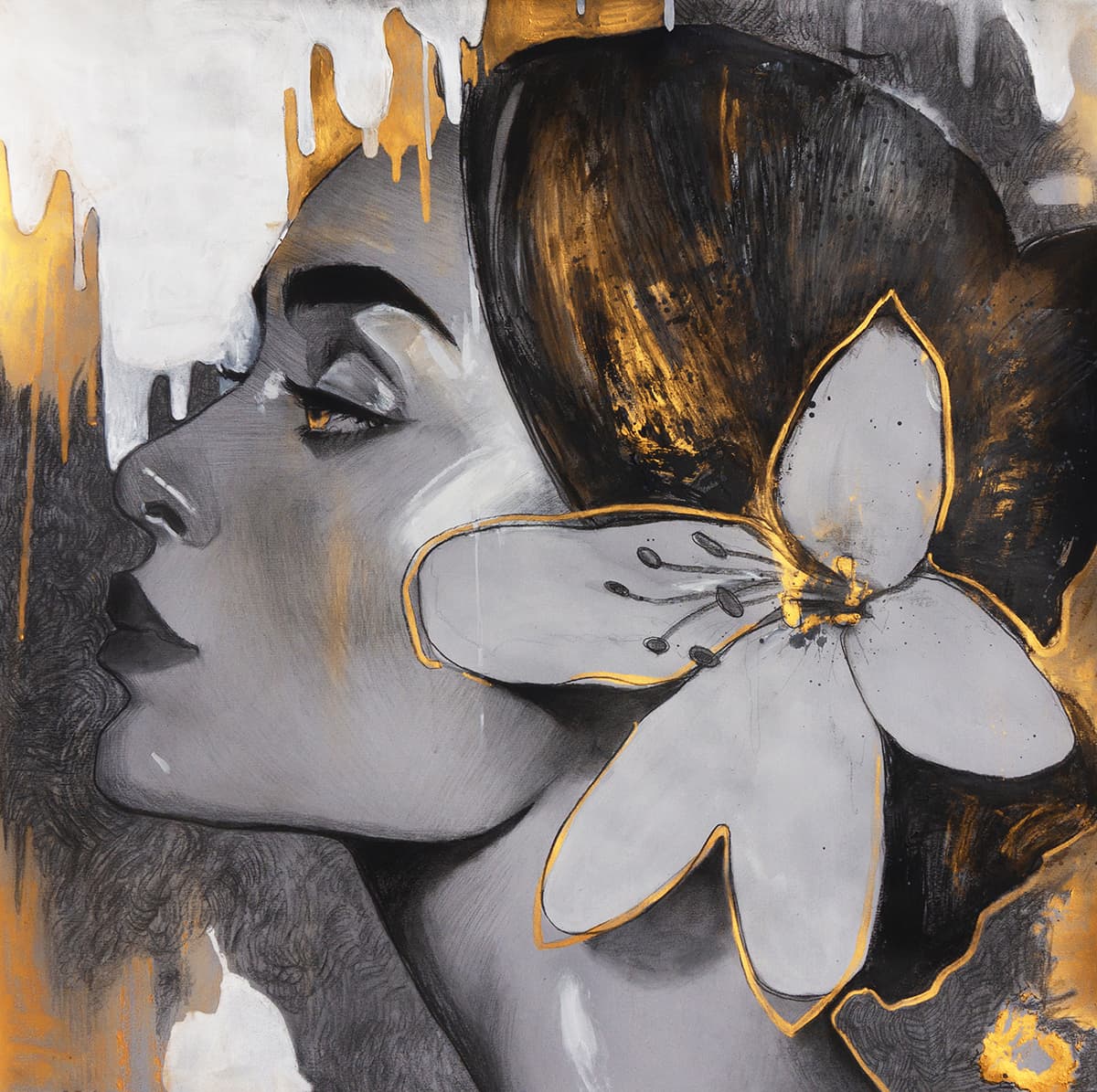 A painting of a woman with a flower in her hair pattern detail