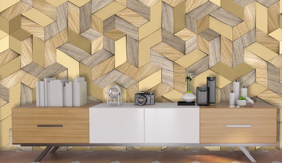 Wooden Block Pattern 3D Geometric Wall Mural Wallpaper shown in a room