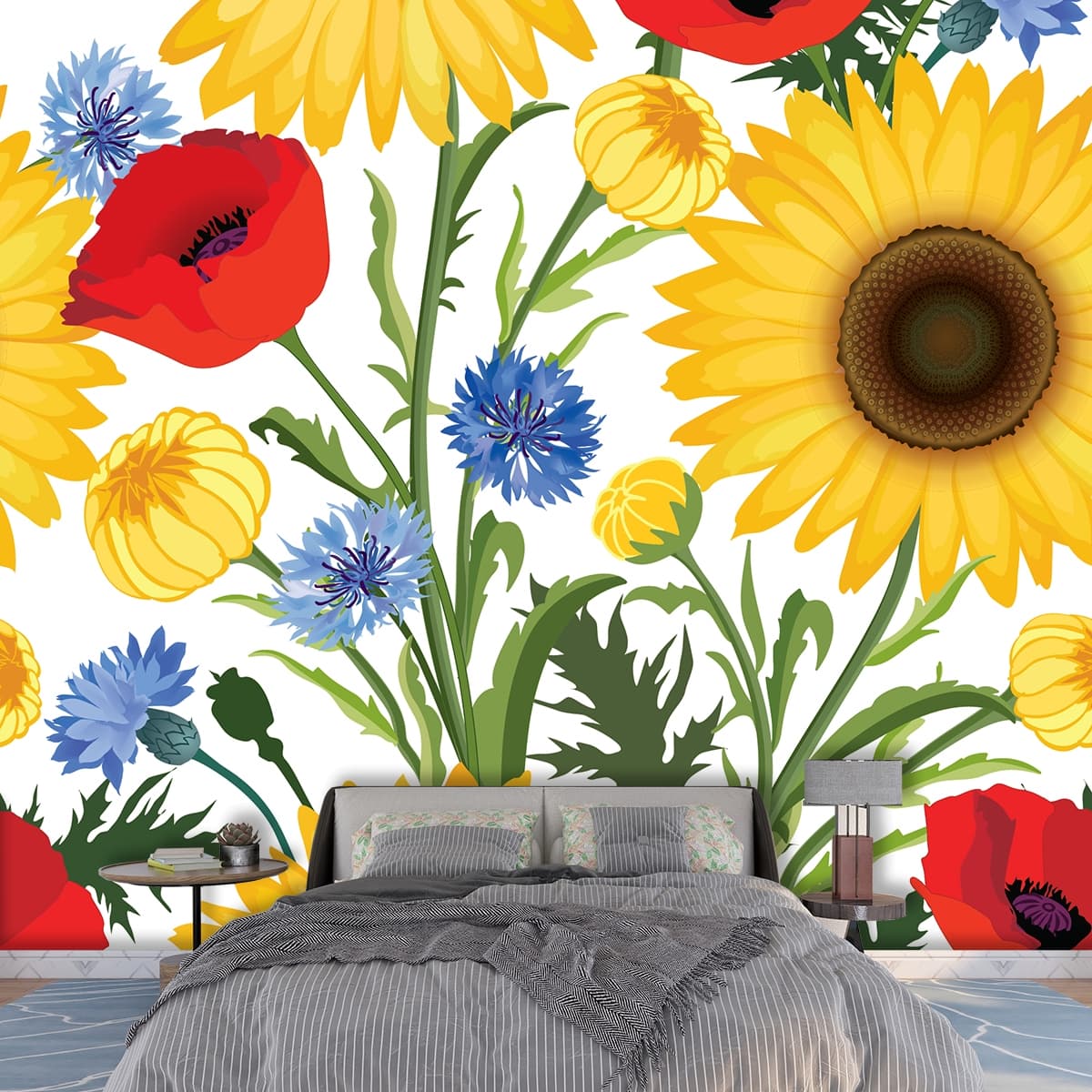 3D Sunflower Wallpaper for Wall shown in a room