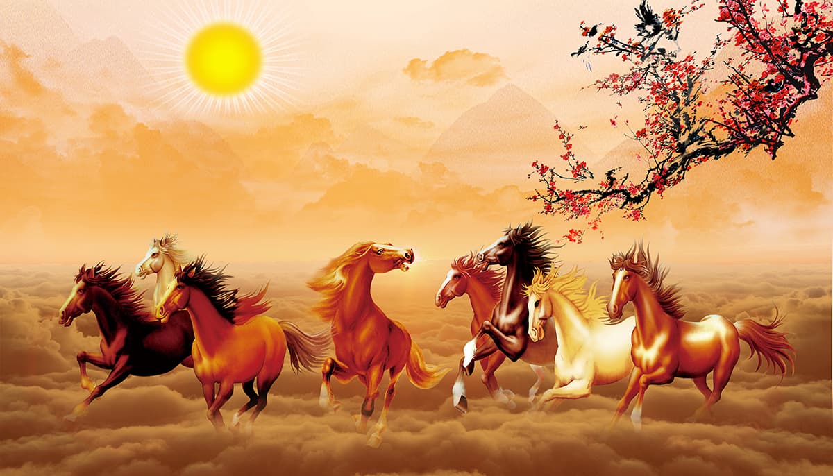 7 Horses Running and Sun Wallpaper pattern detail