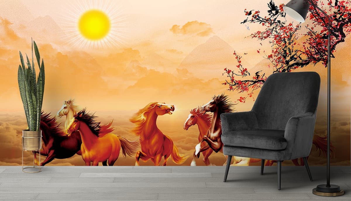 7 Horses Running and Sun Wallpaper shown in a room